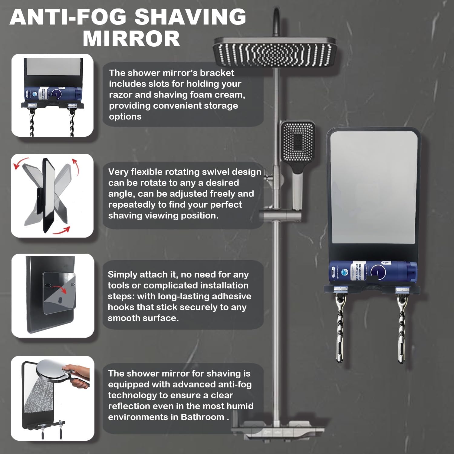 Infitrans - Fogless shower mirror with storage for grooming essentials
