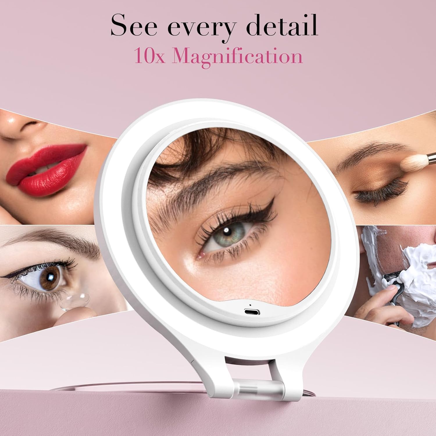 FASCINATE Rechargeable Travel Magnifying Mirror with 10X Increments