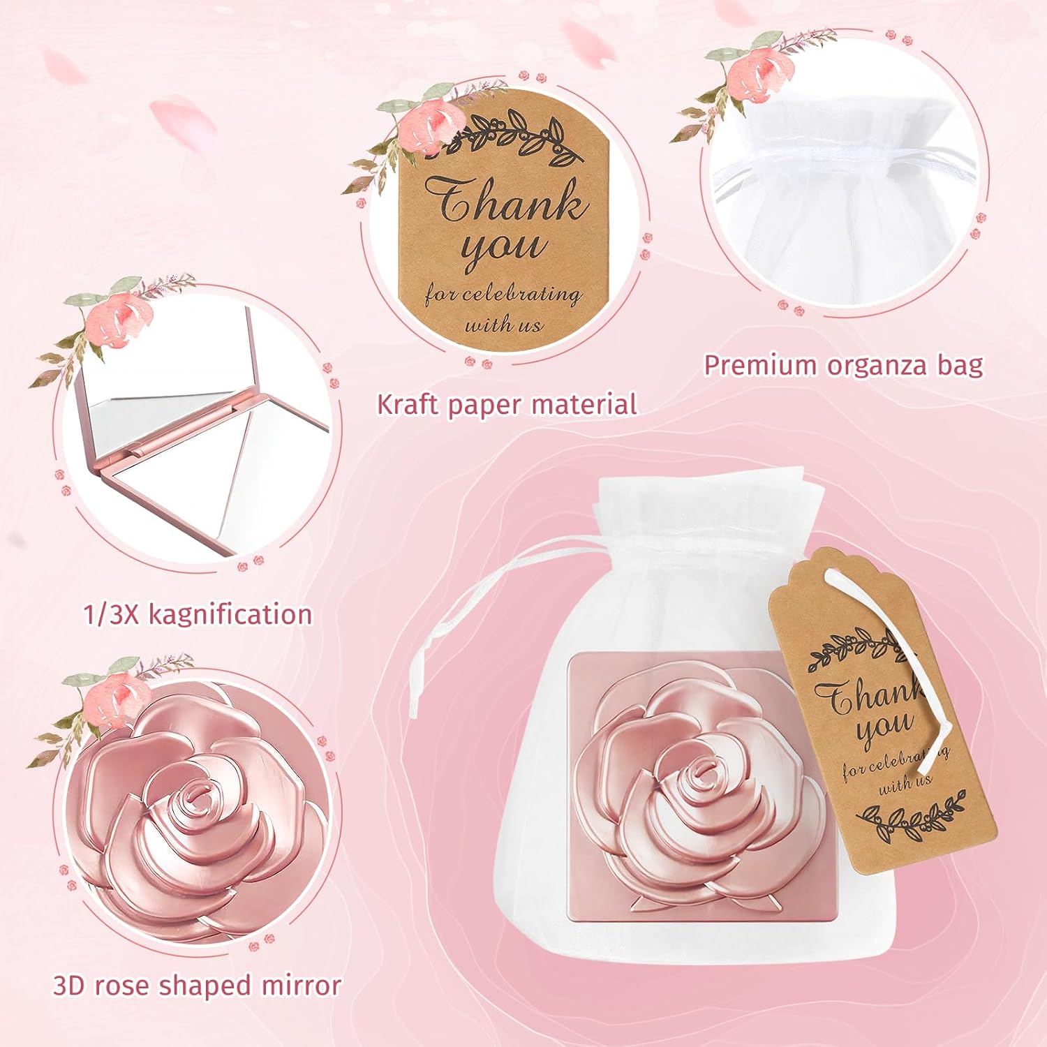Stylish 30-Piece Rose Compact Mirror Set for Weddings