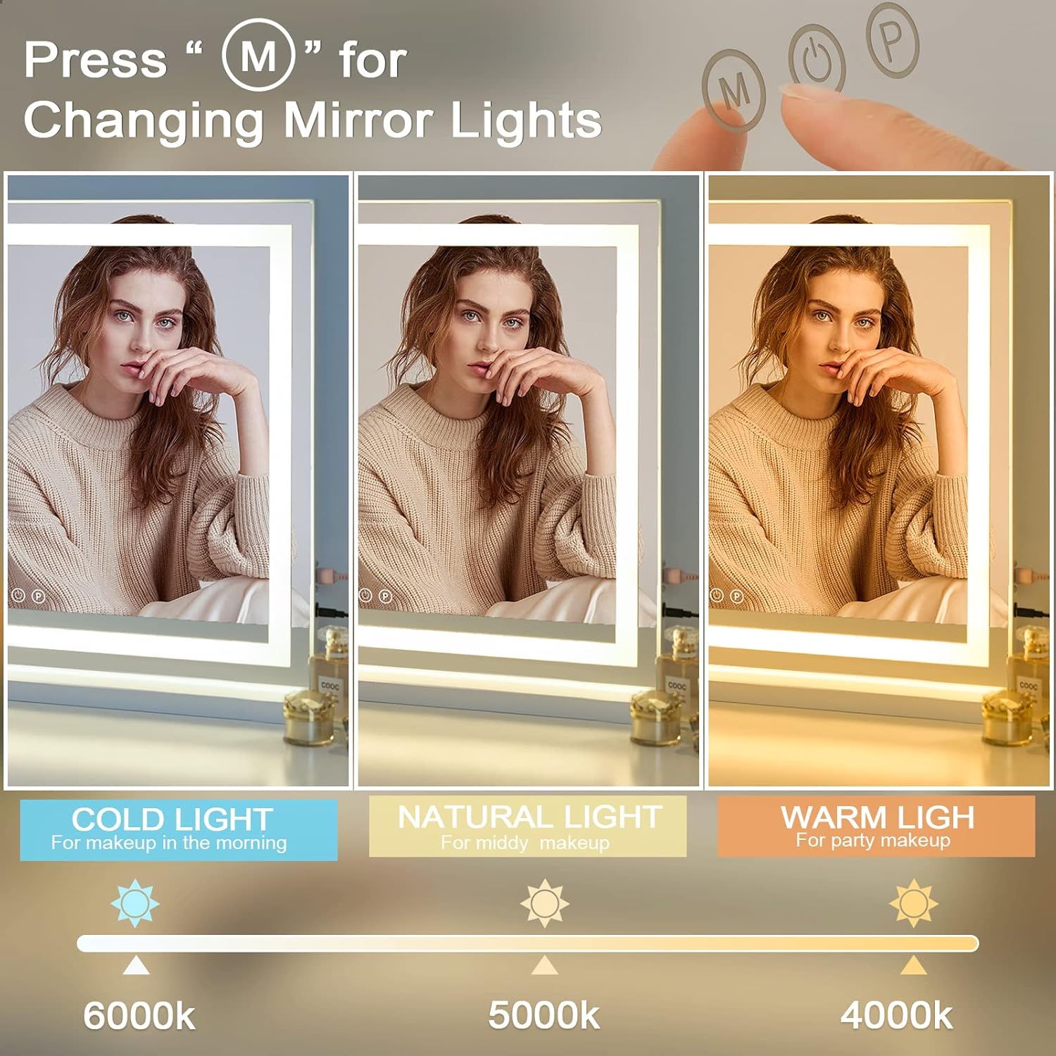 Sucedey Vanity Mirror Touch Screen Adjustable Lighting Detachable 10X Magnifier