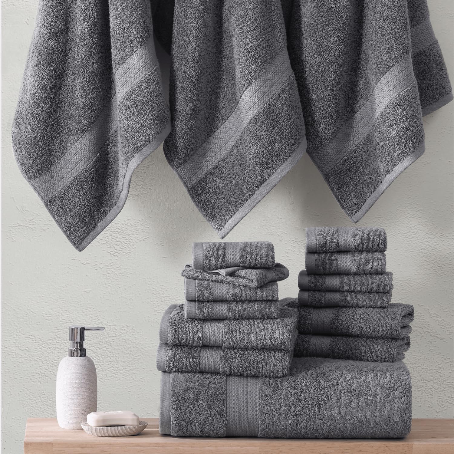 LANE LINEN Bath Towels Set of 6 - 100 Cotton Extra Large Cool Grey