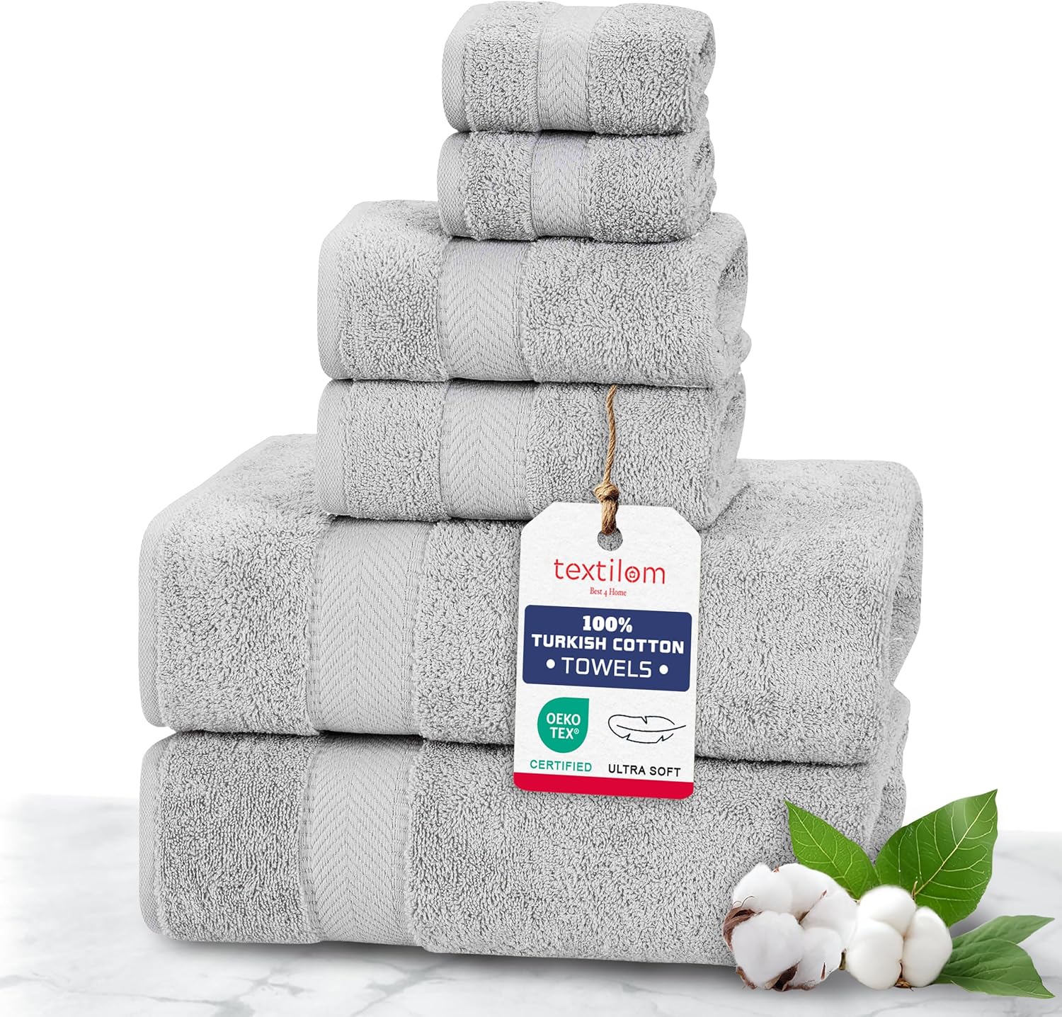 TEXTILOM 100 Turkish Cotton Towel Set Light Grey 6 Pcs Bath Towels