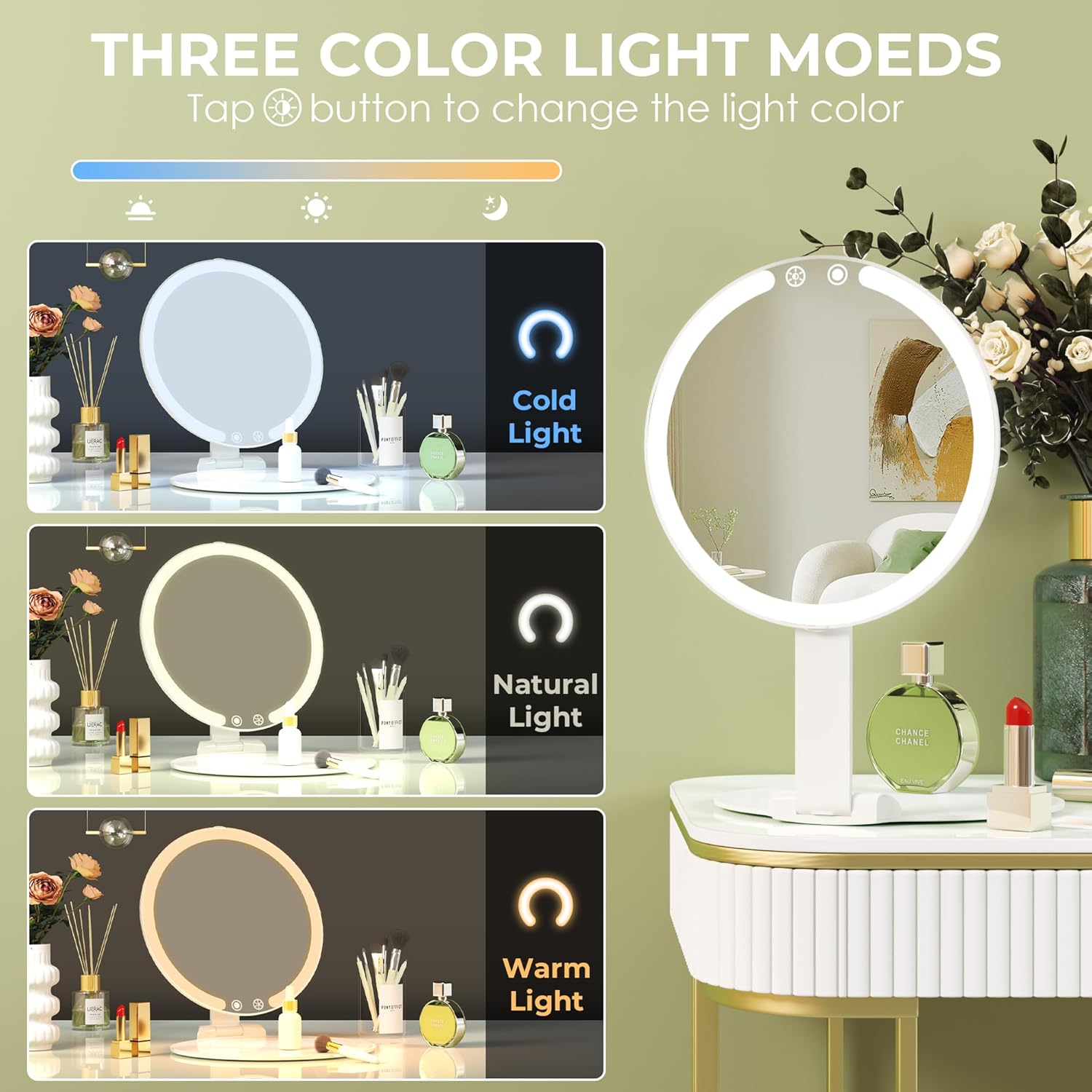 Sucedey Makeup Mirror with Lights 3 Mode Light Rechargeable