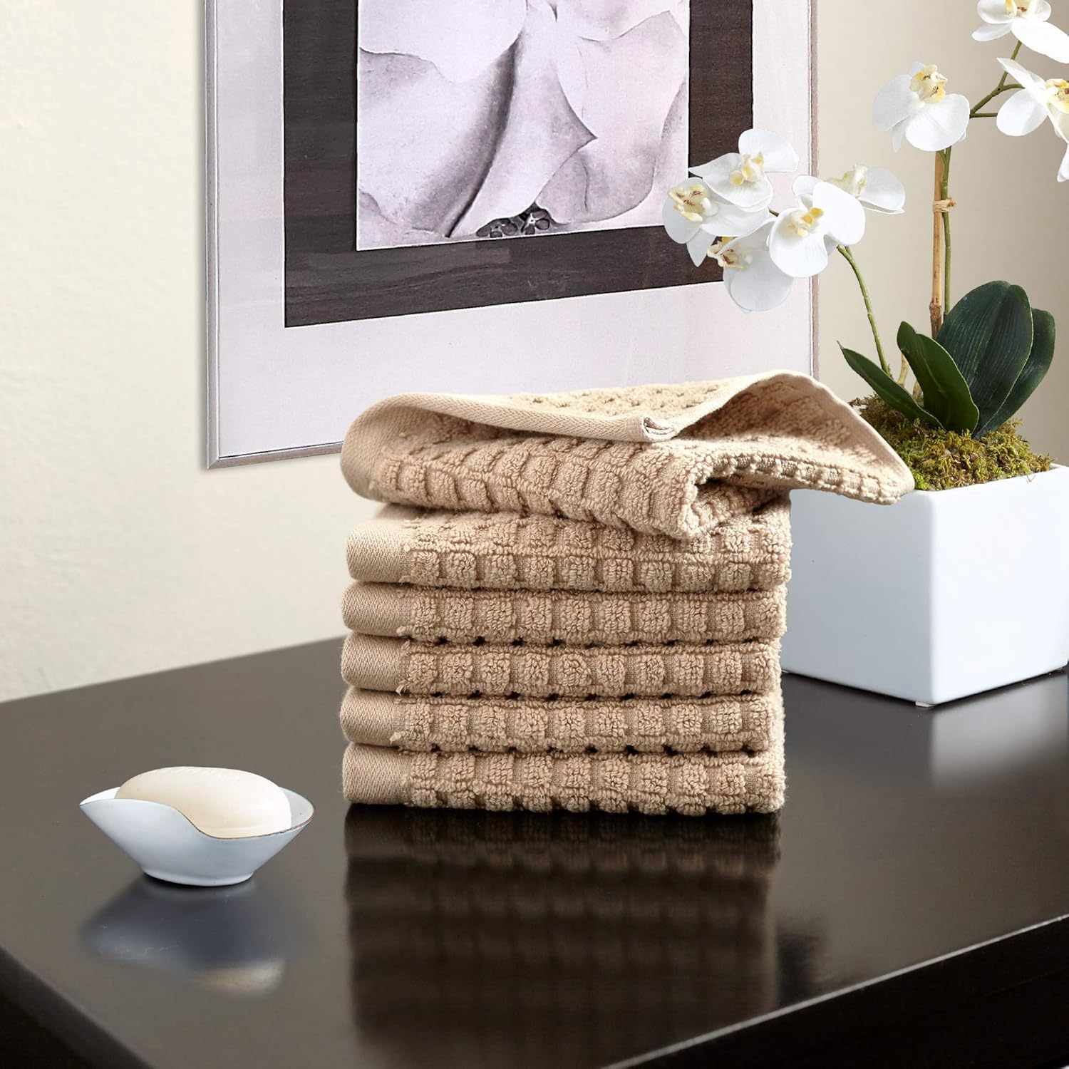 DKNY Quick-Dry 100 Cotton 6-Pack Washcloth Set 12x12 Linen