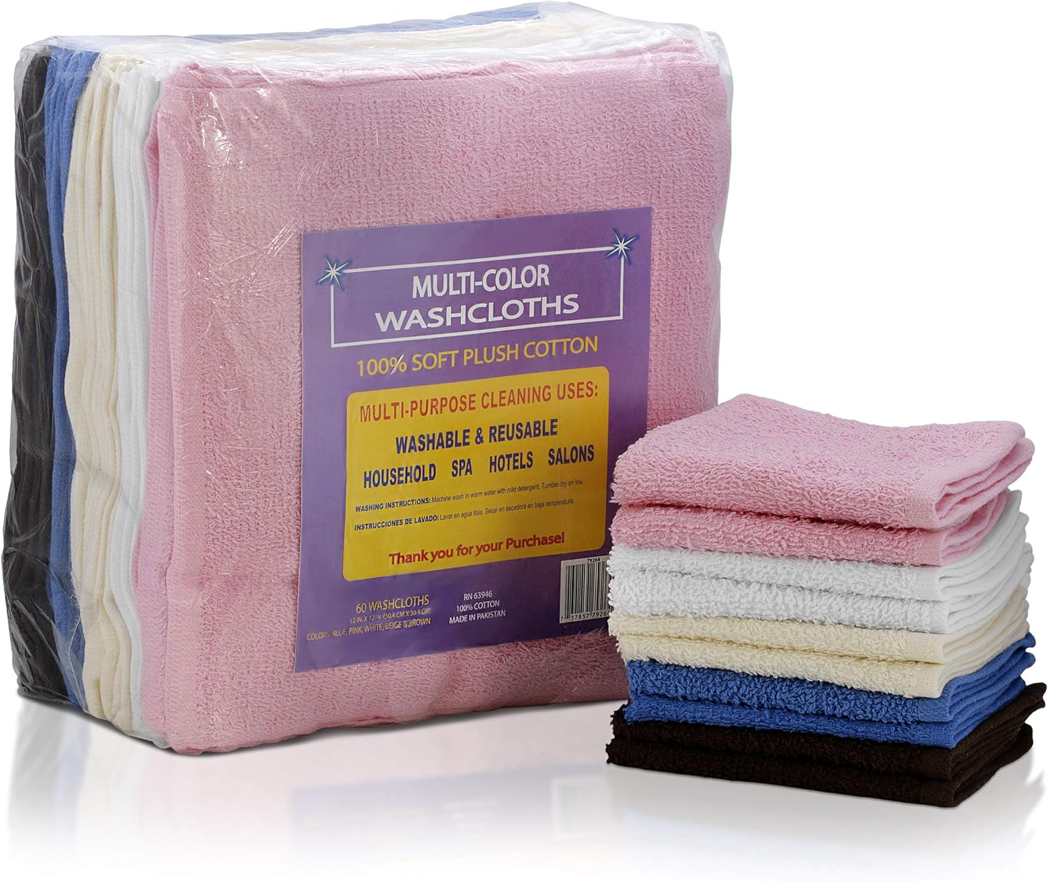 100 Cotton Washcloths Set - Multi Color