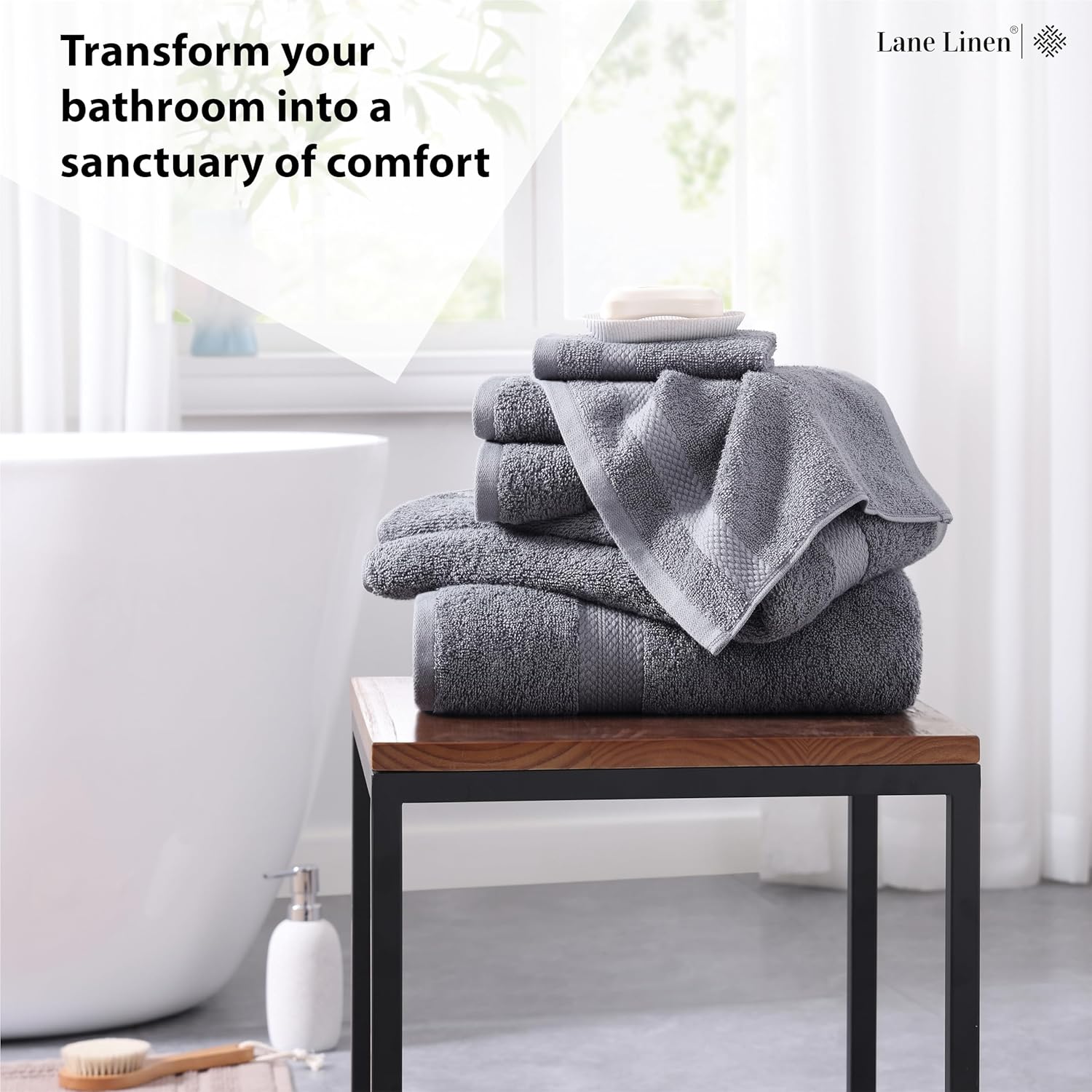 LANE LINEN Bath Towels Set of 6 - 100 Cotton Extra Large Cool Grey