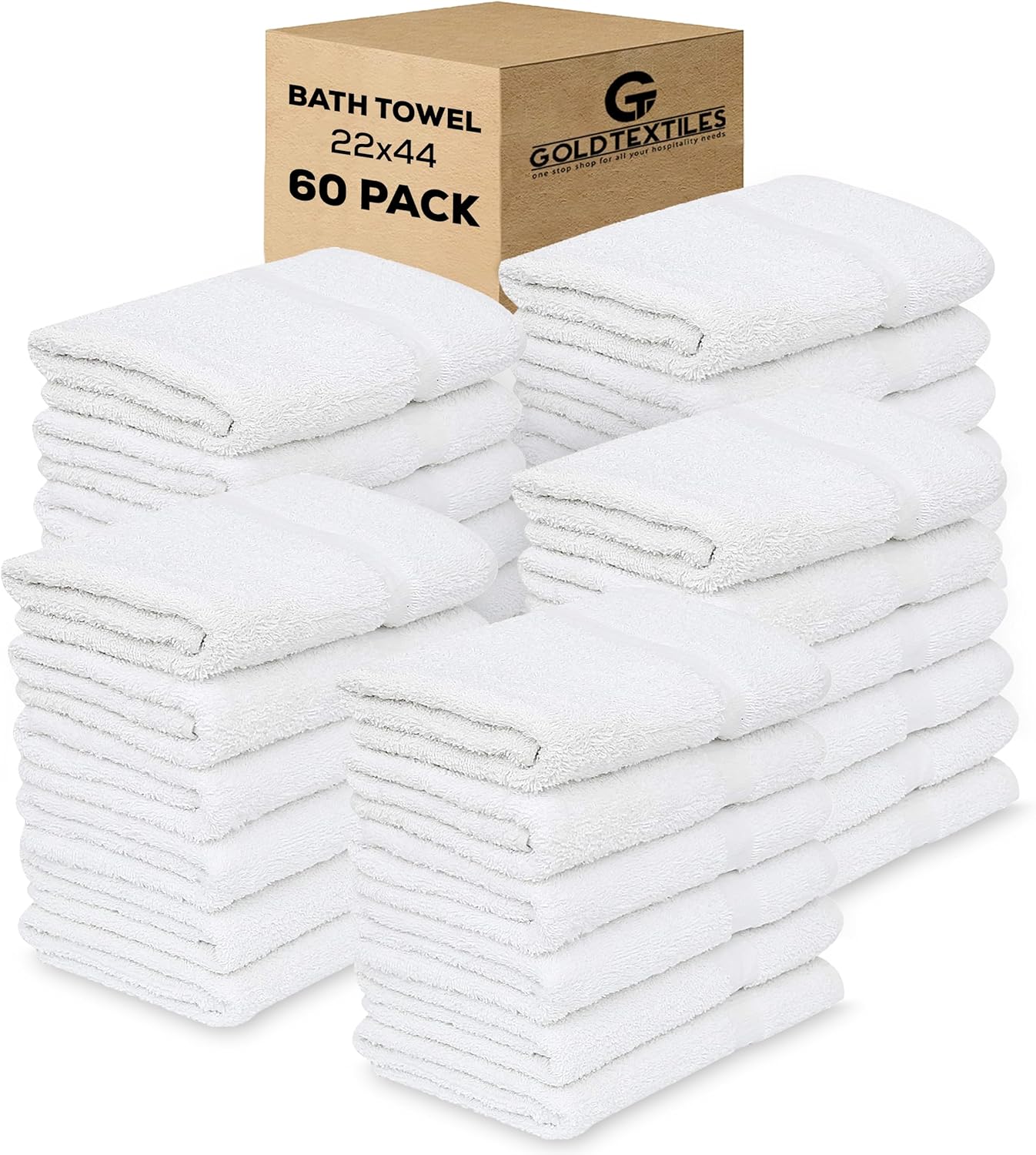 GOLD TEXTILES 60-Pack Economy White Bath Towels Bulk 22x44 Inches