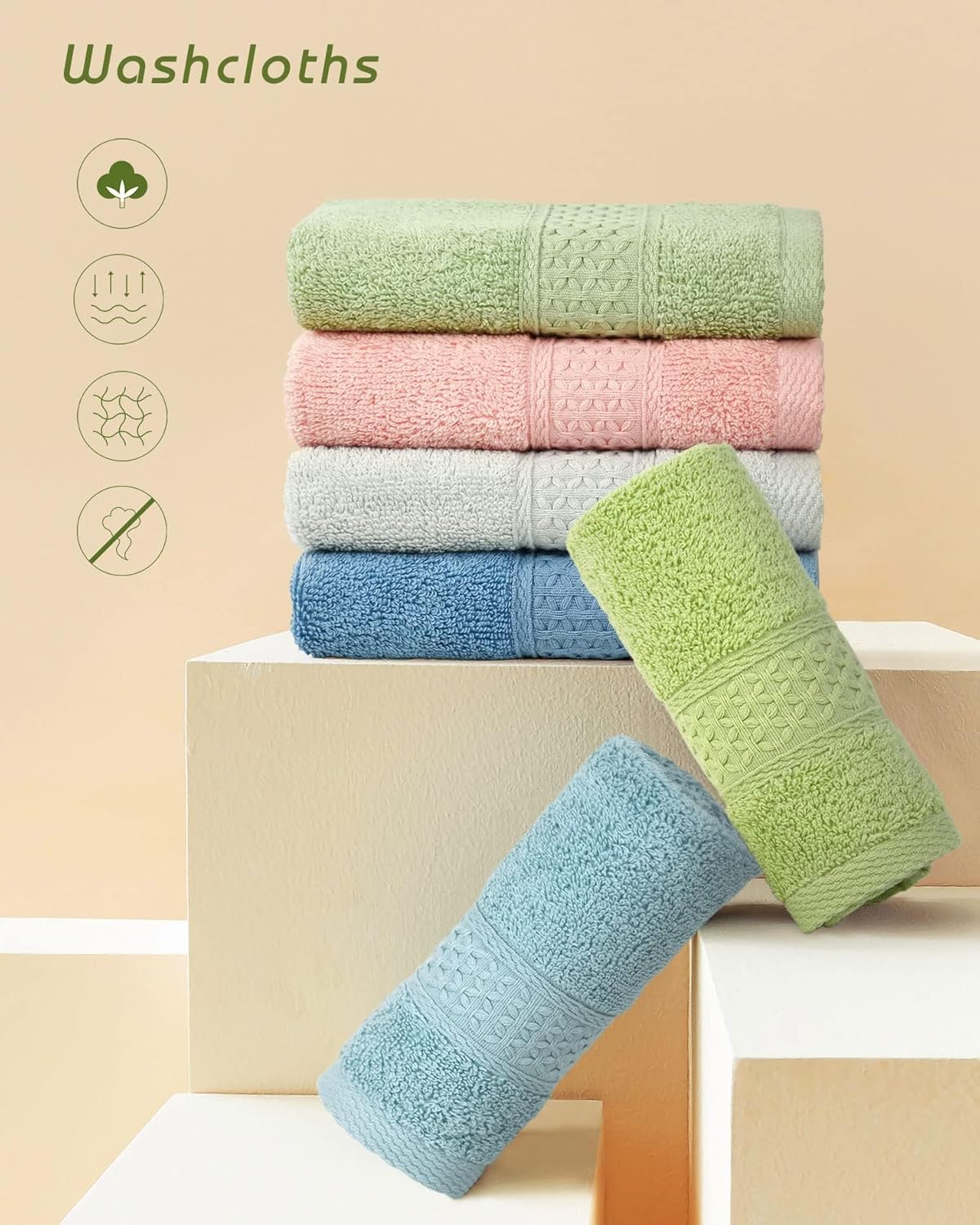 6-Color Pure Cotton Washcloth Set 13x13 inches