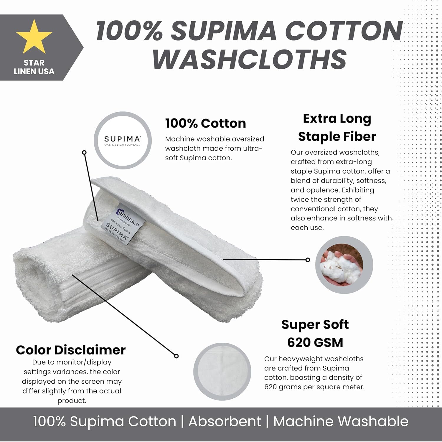 Set of 36 White Washcloths 14x14 Embrace Collection