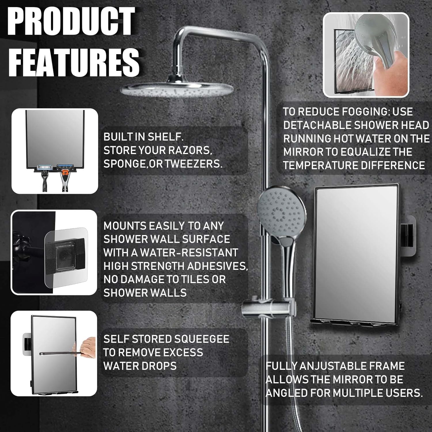 Shower Mirror with 2 Replaceable razors Squeegee 360 Adjustable