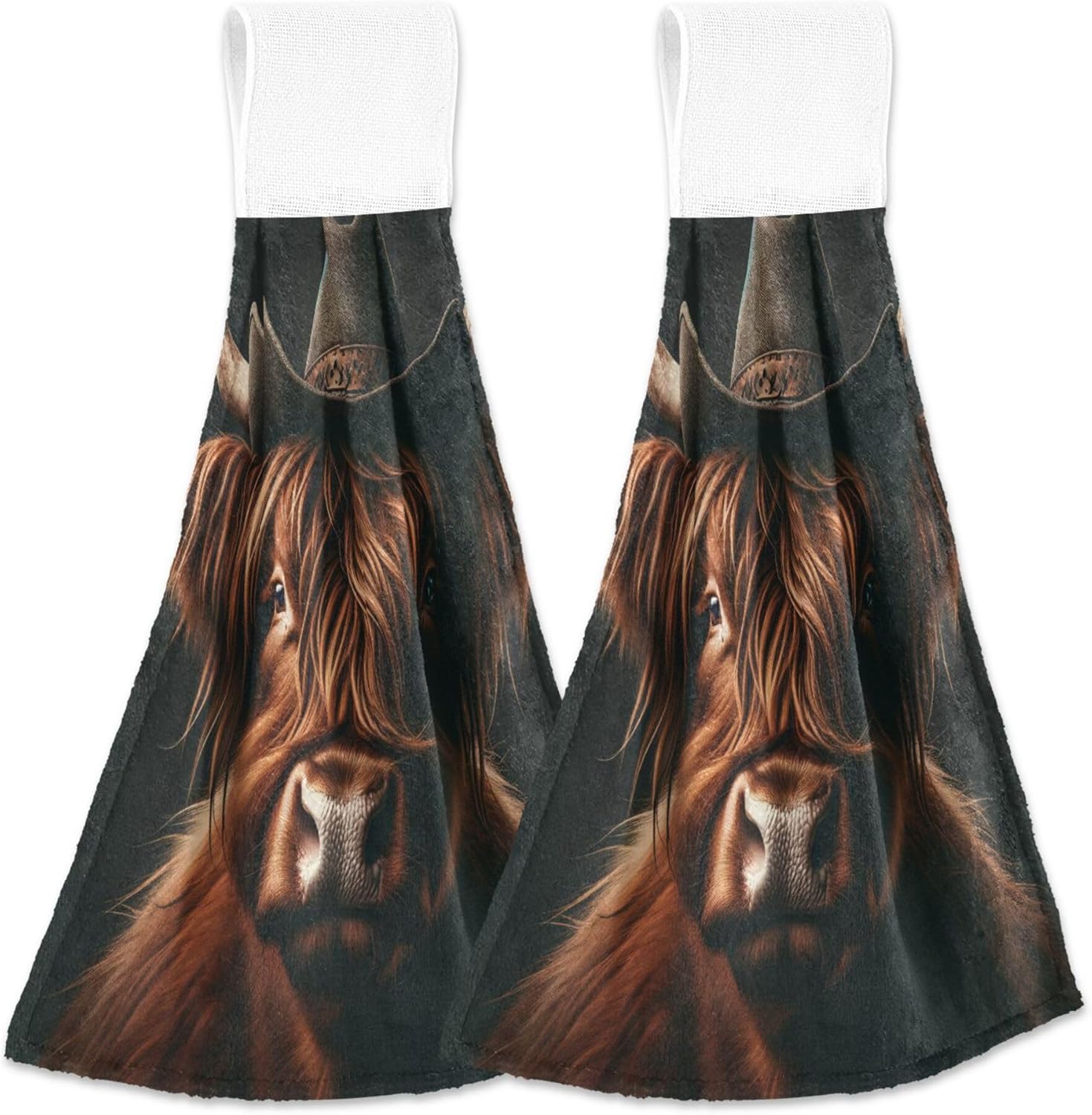 Scottish Highland Cow Fingertip Towels 2PCS Absorbent Kitchen Linen with Loop