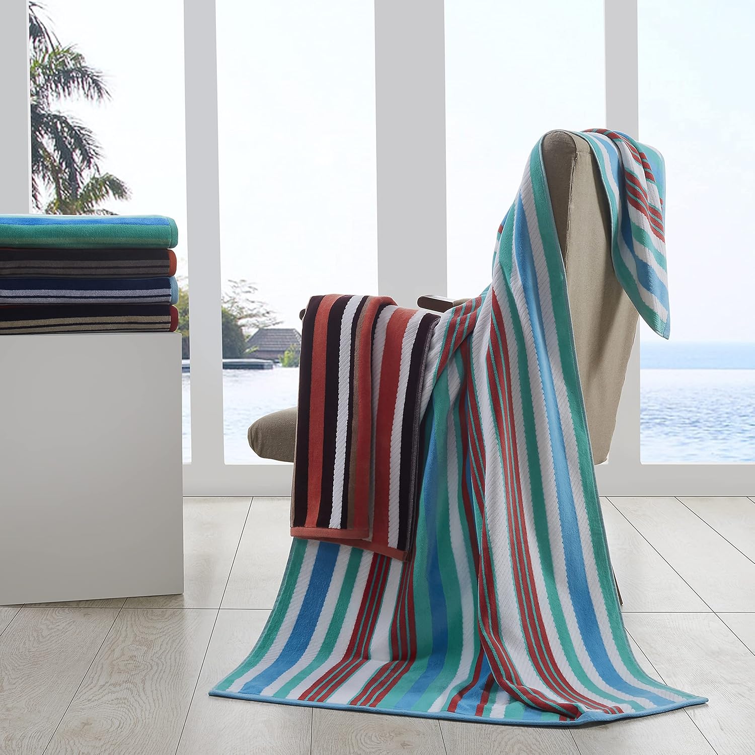 Set of 2 100 Cotton ripped stripes soft absorbent beach towel