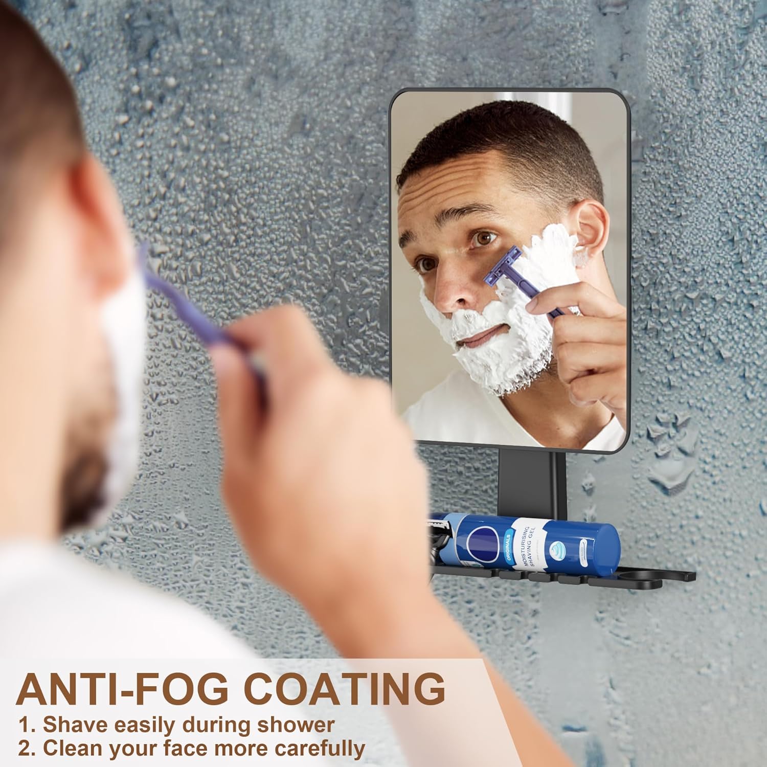 Fogless Shower Mirror with Razor Holder Anti-Fog Space-Saving Antibacterial