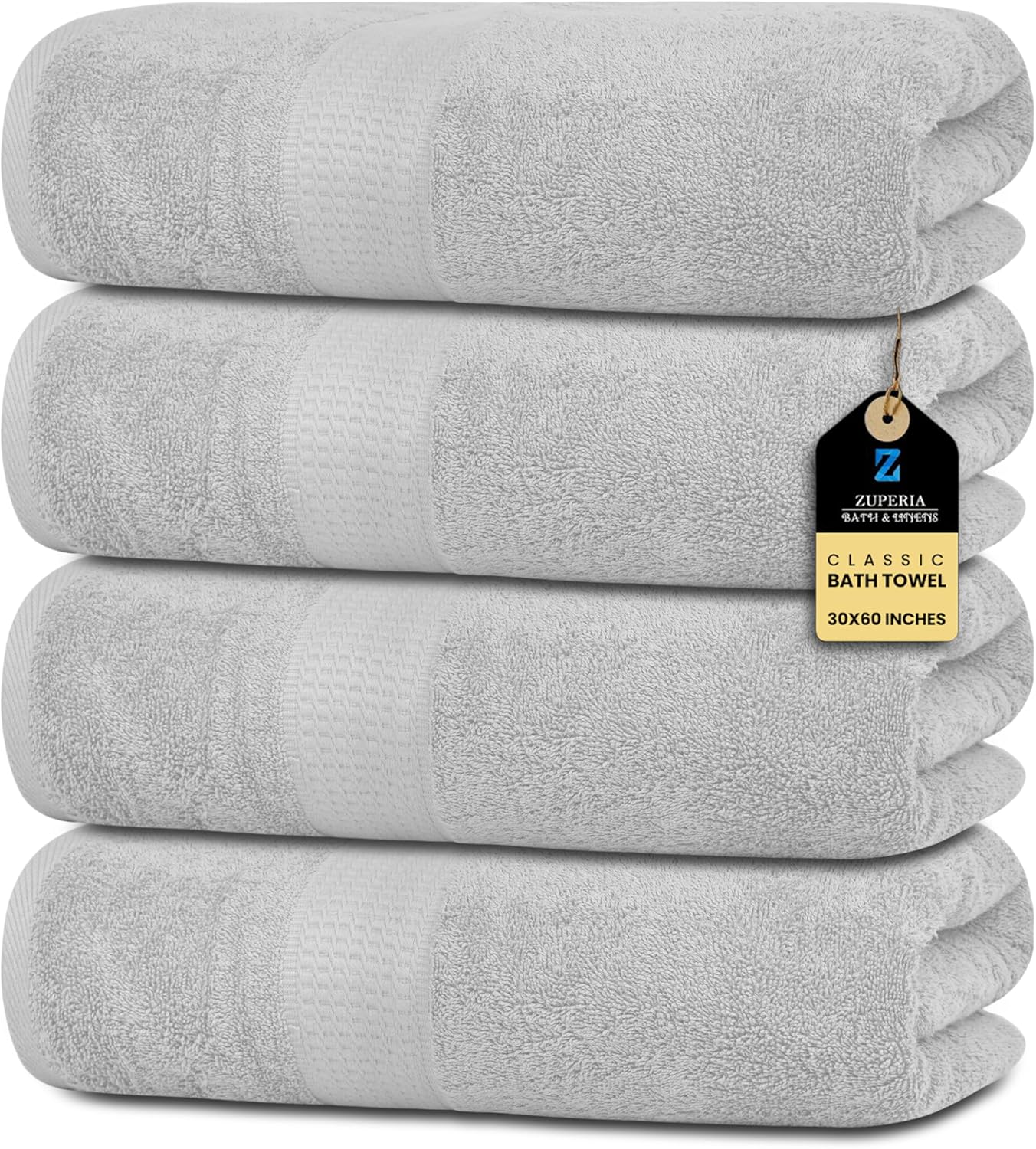 Zuperia Premium 100 Cotton Lightweight Absorbent 30x60-inch 4-Pack Cloud Grey
