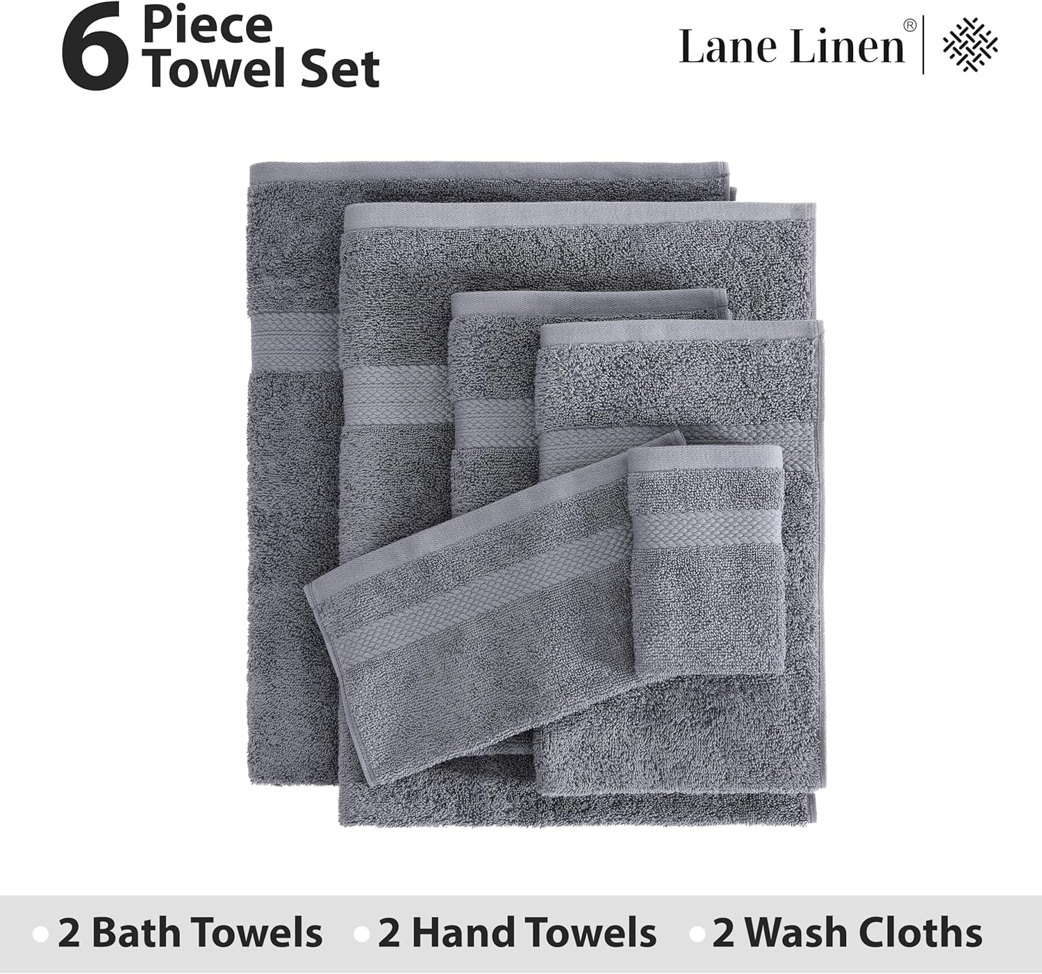 LANE LINEN Bath Towels Set of 6 - 100 Cotton Extra Large Cool Grey